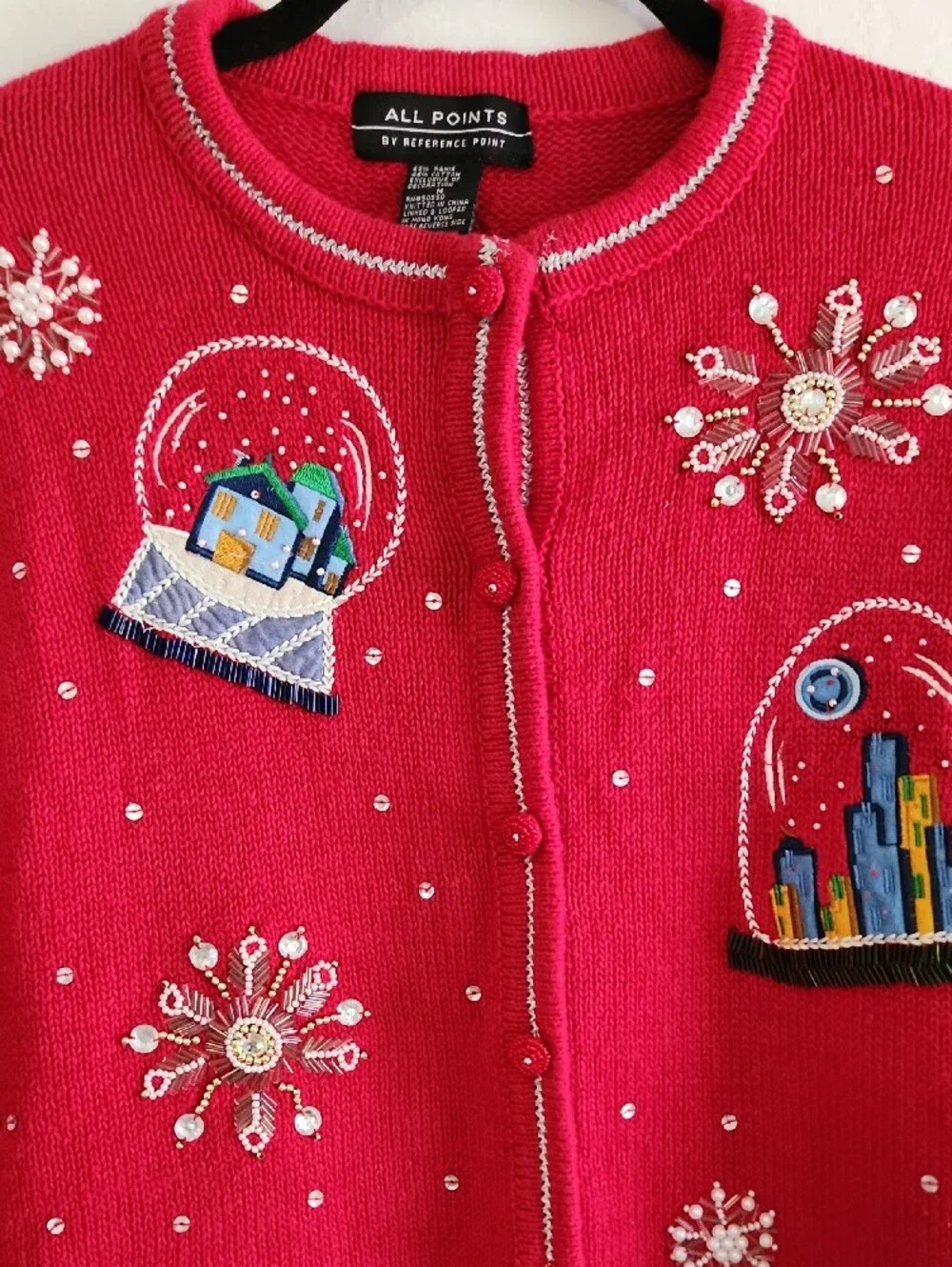 Vintage All Points Ramie Cotton Beaded Snow Globe Christmas Cardigan Medium